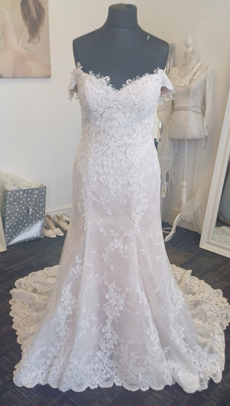 Baby pink satin Ivory lace mermaid wedding dress