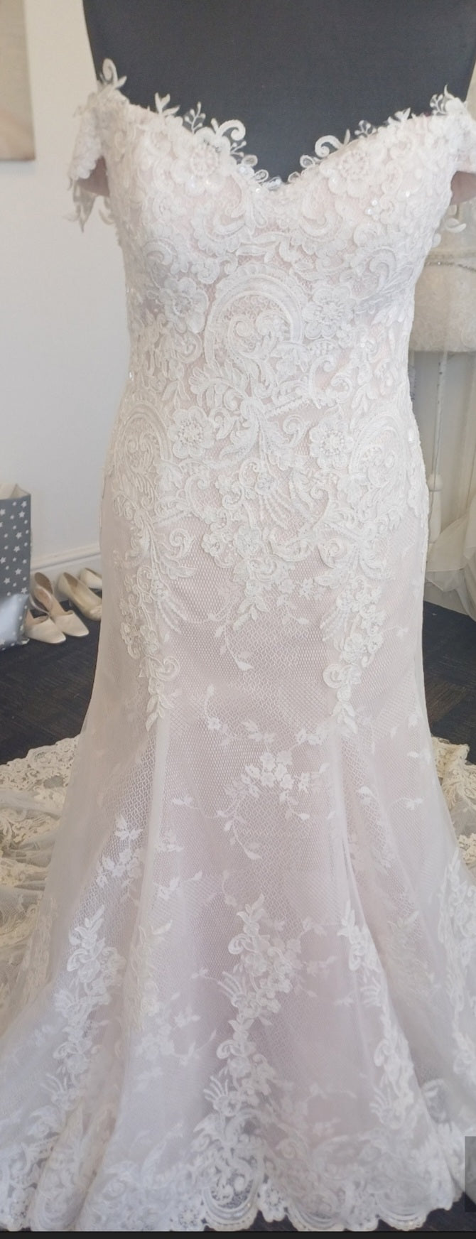 Baby pink satin Ivory lace mermaid wedding dress