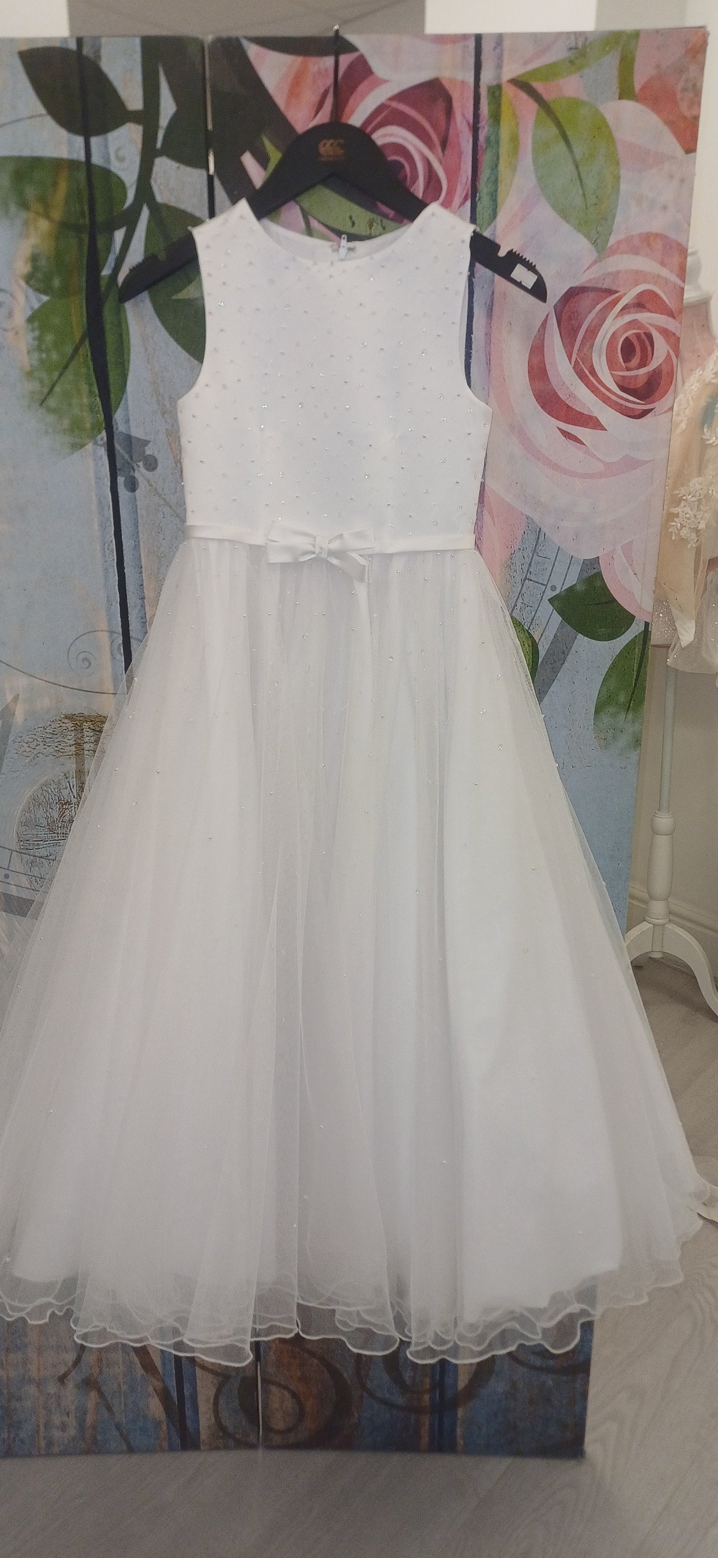 White holy communion dress white scattered pearls