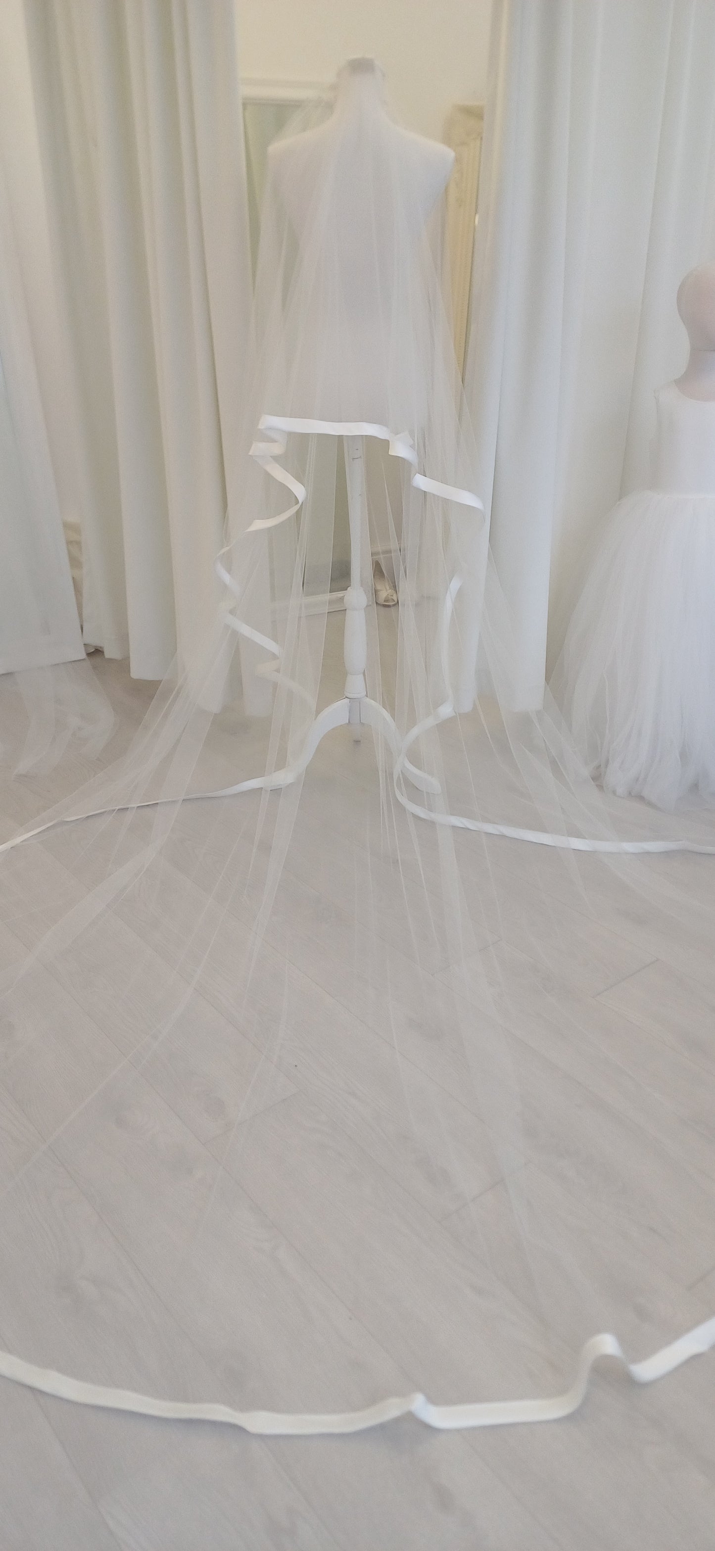 2 tier wide satin edge ivory chapel veil