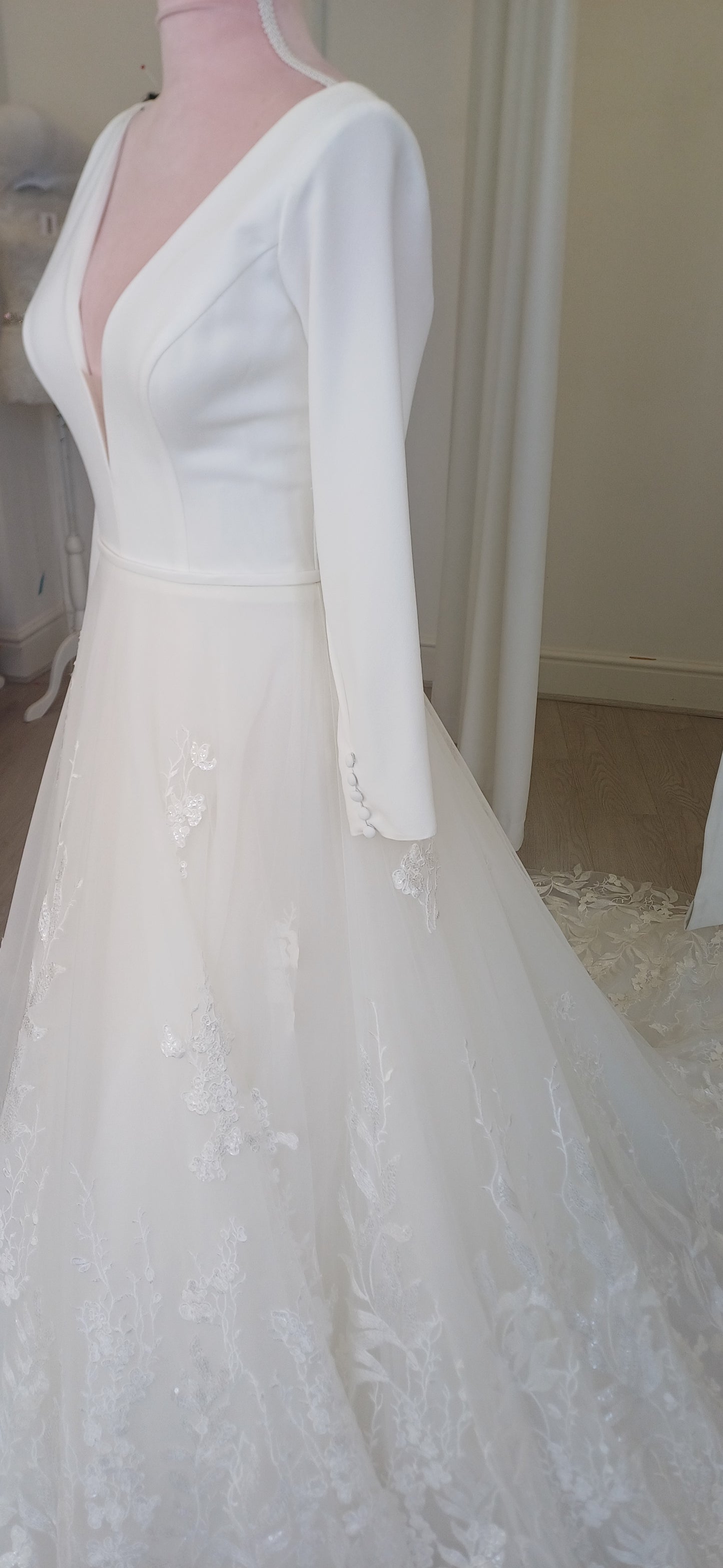 Elegant crepe long sleeved princess Aline wedding dress