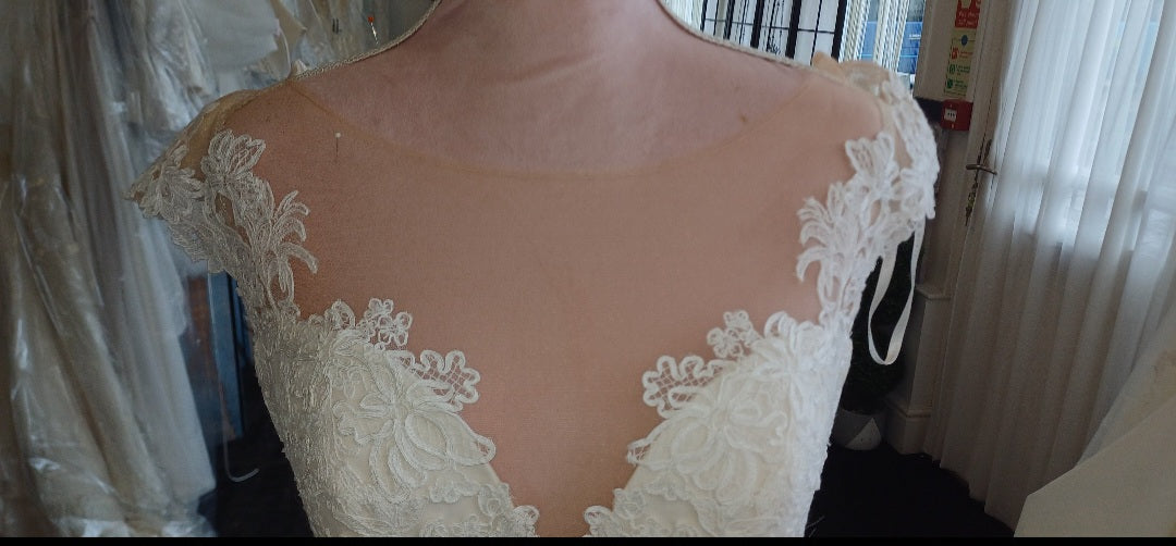 Ivory lace and tulle wedding dress Skin tone modesty panel front/back