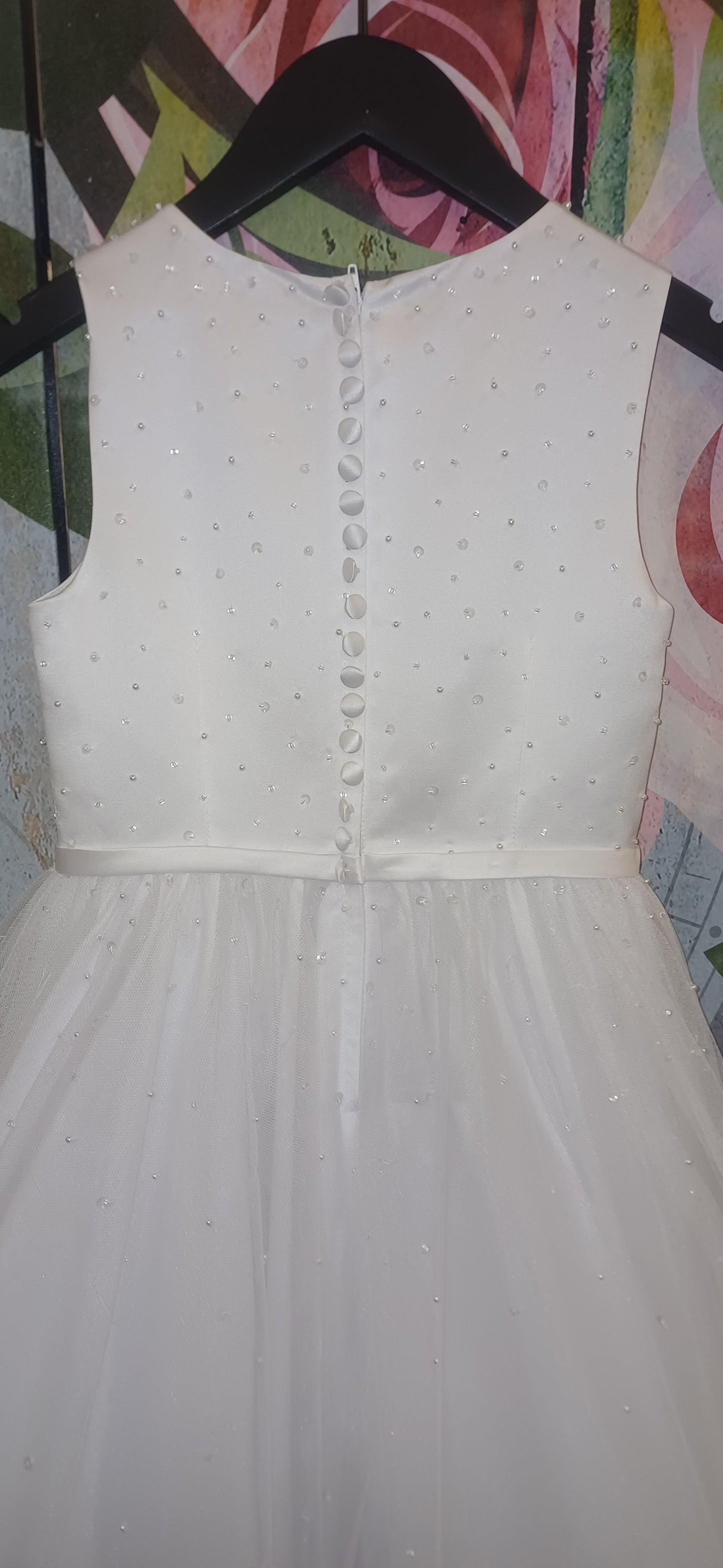 White holy communion dress white scattered pearls