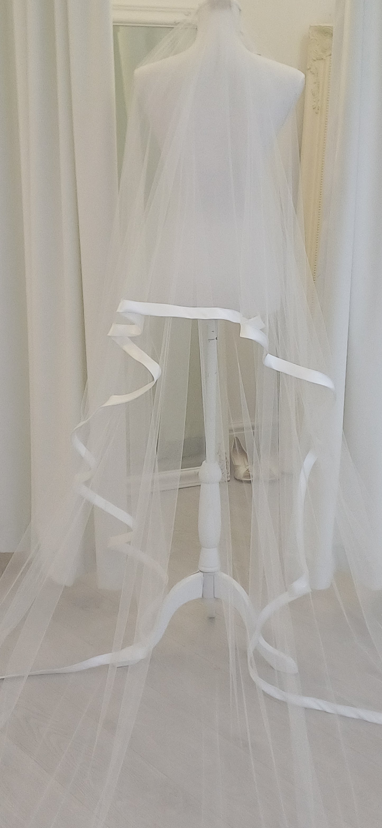 2 tier wide satin edge ivory chapel veil