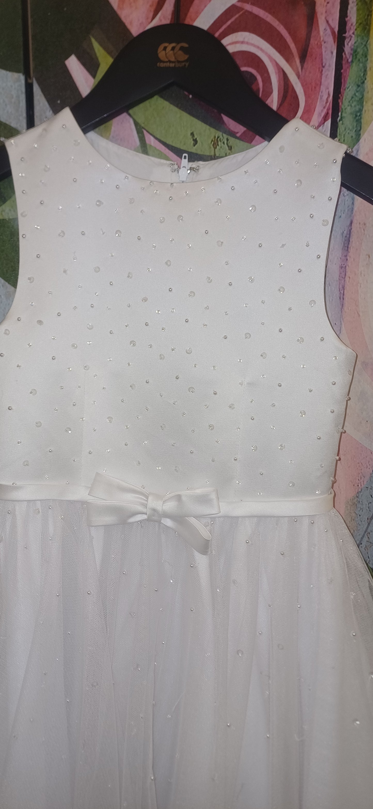 White holy communion dress white scattered pearls