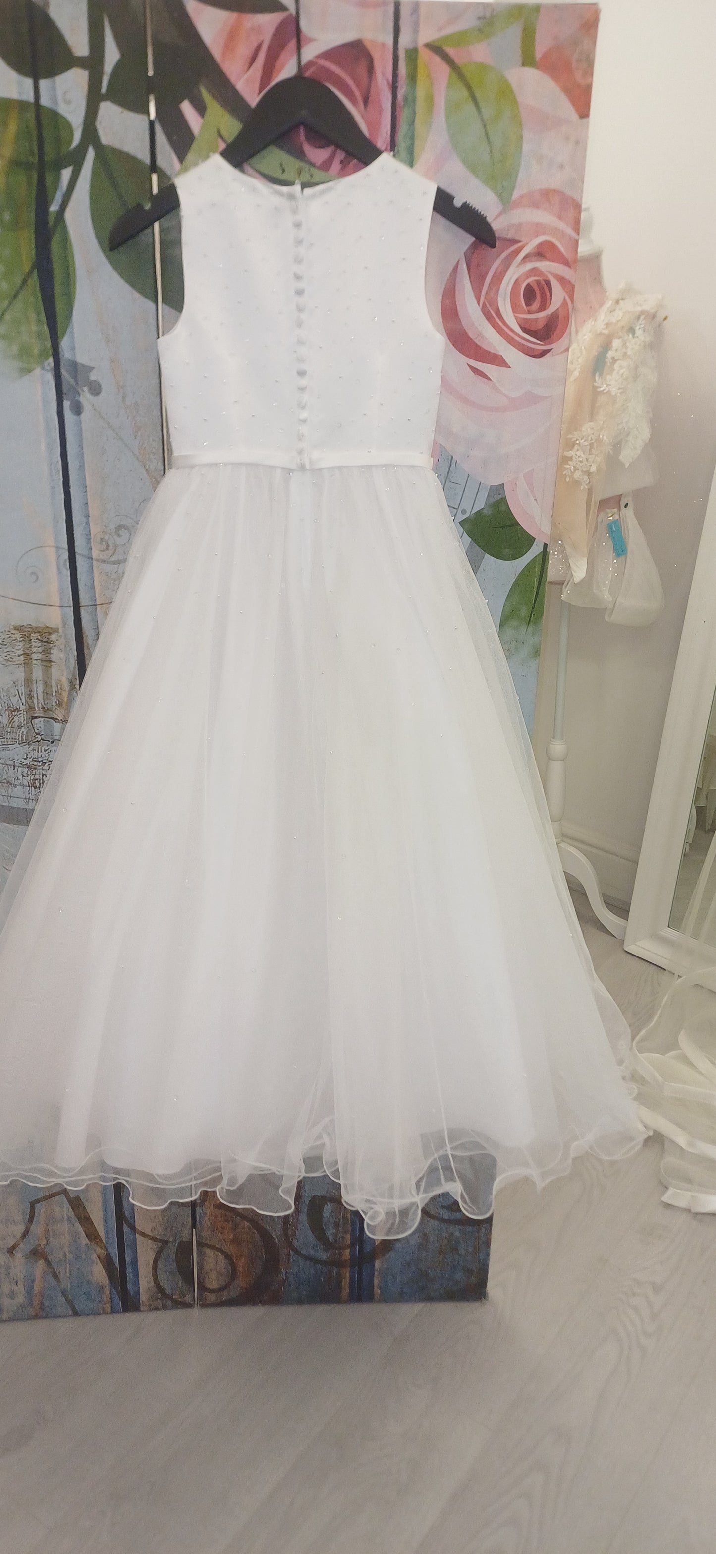 White holy communion dress white scattered pearls