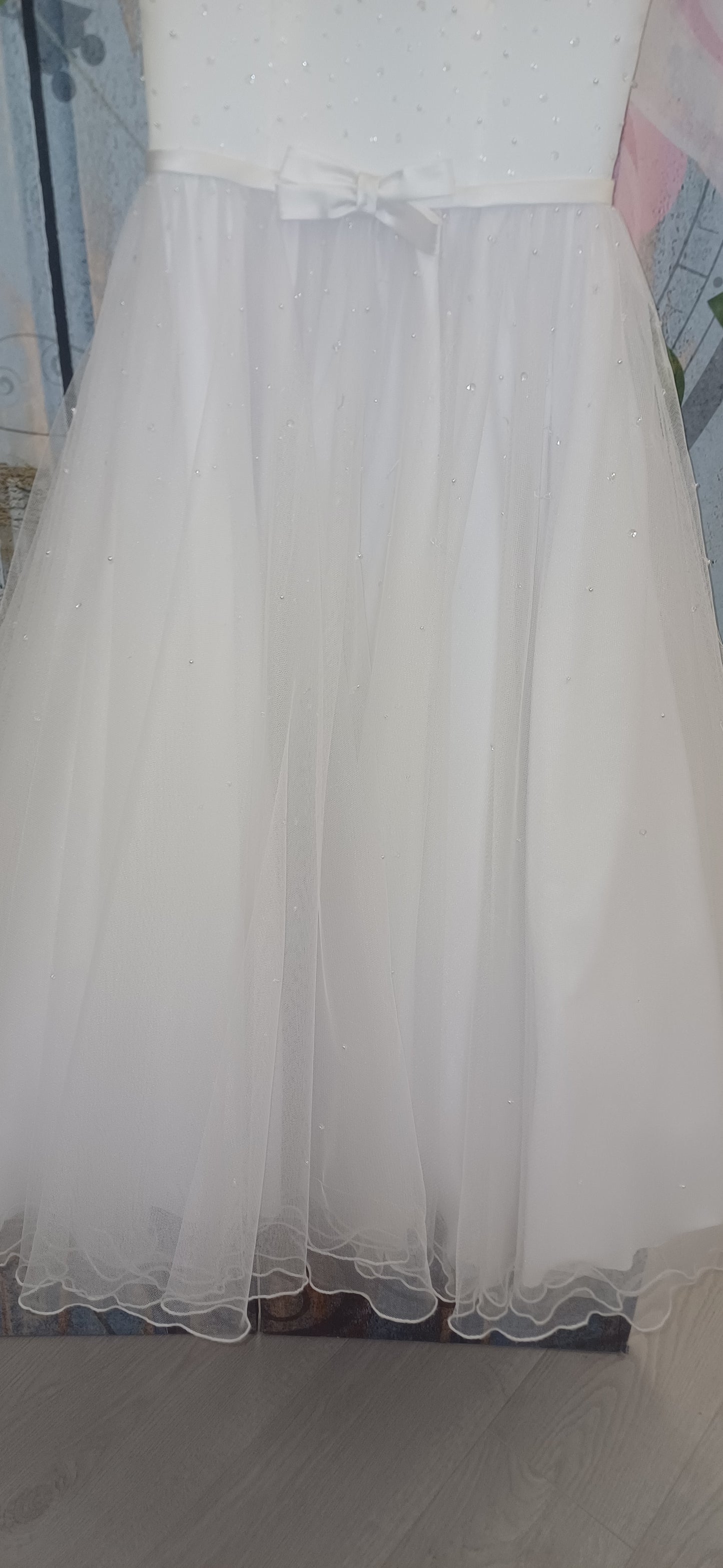 White holy communion dress white scattered pearls