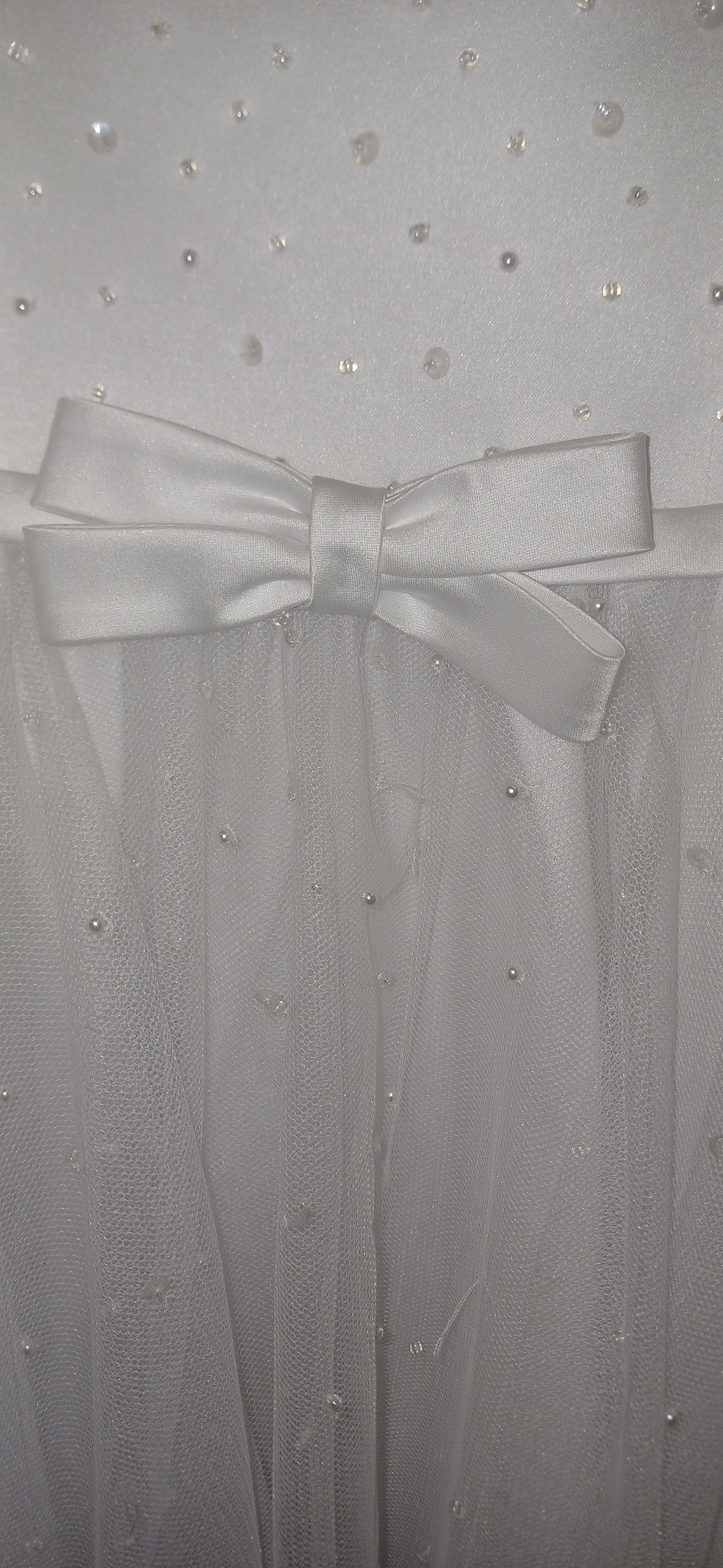 White holy communion dress white scattered pearls