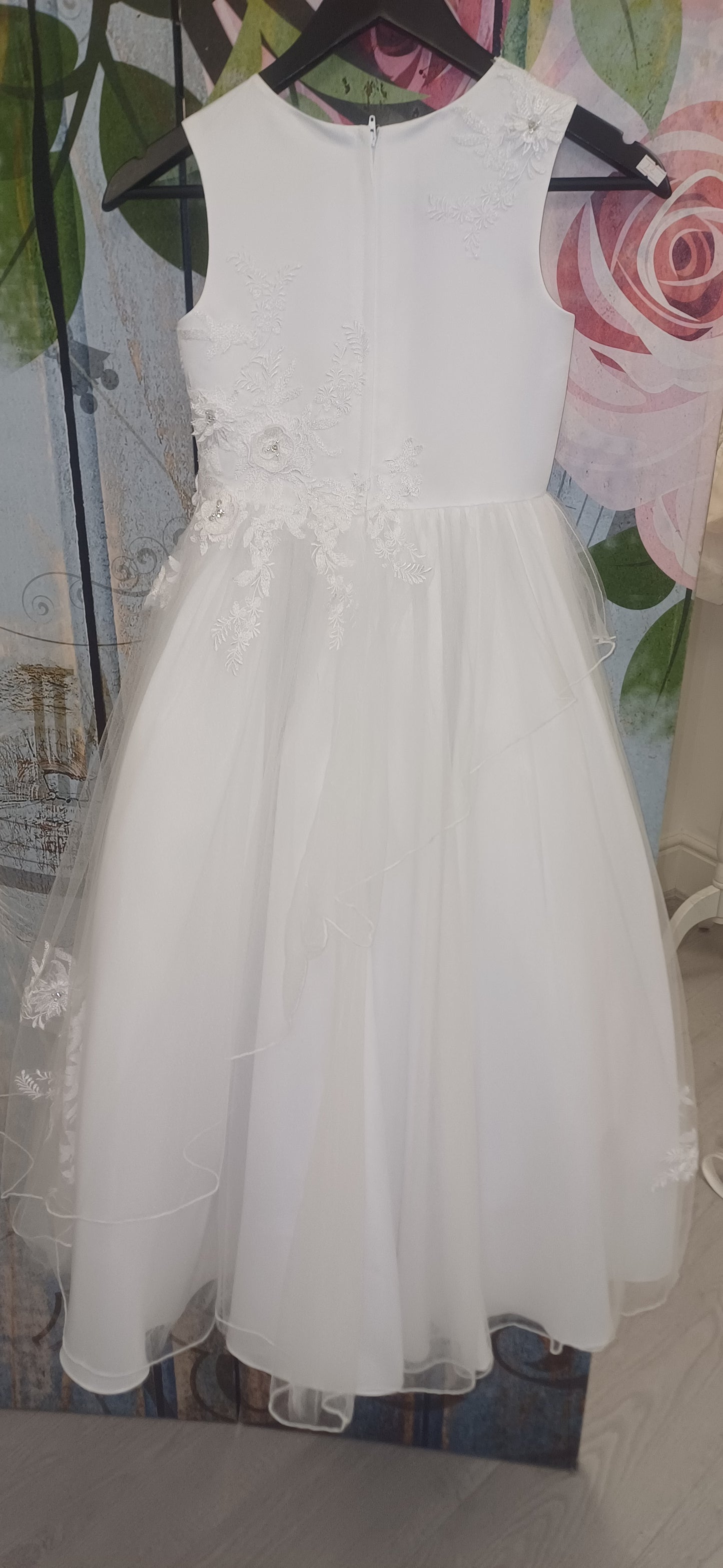 White holy communion dress with 3D flower lace applique