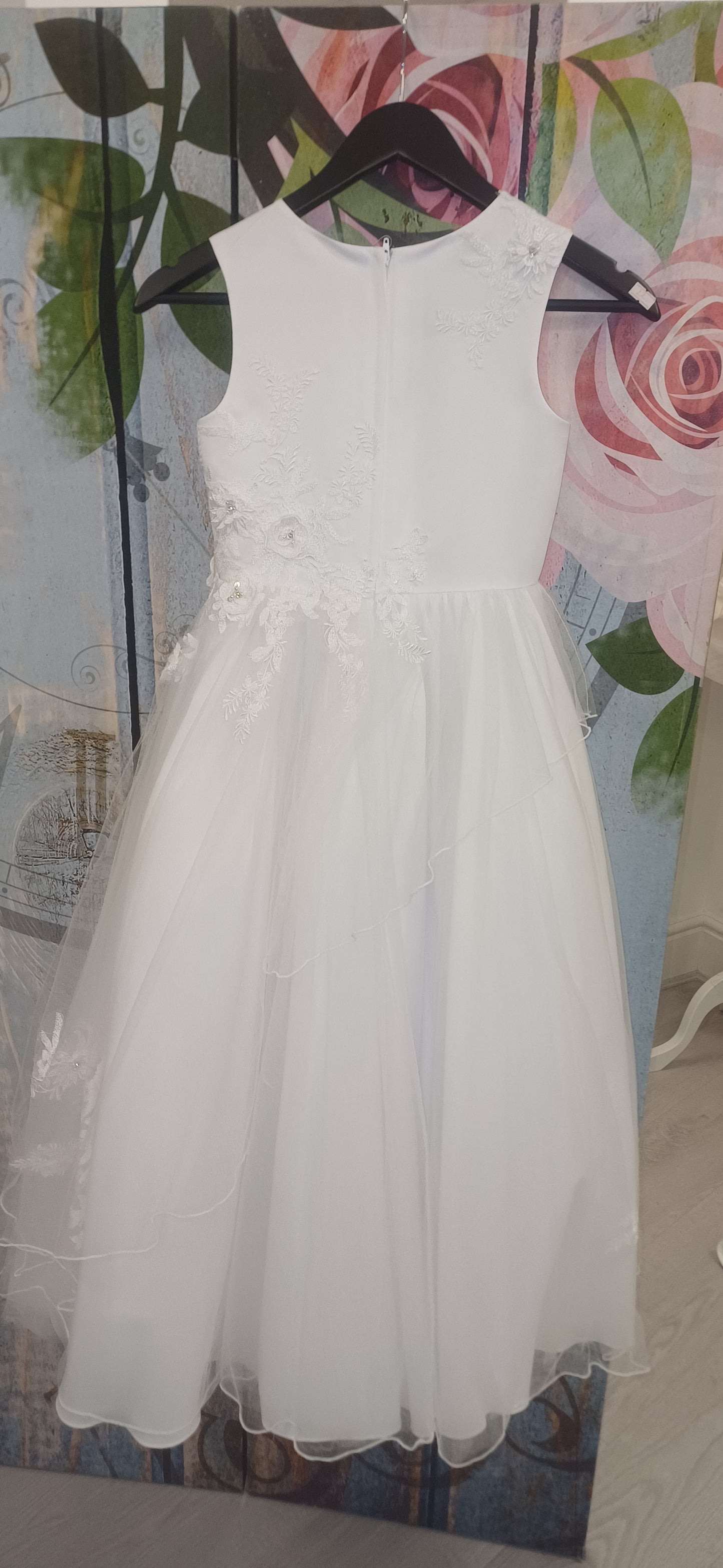 White holy communion dress with 3D flower lace applique