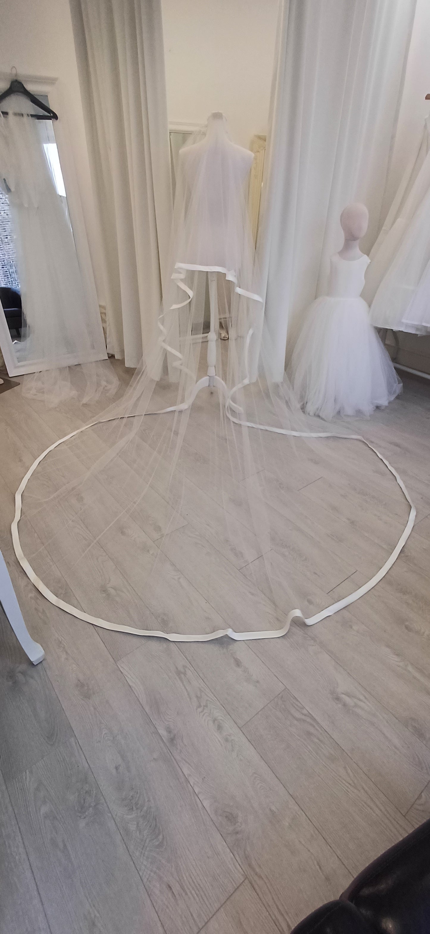 2 tier wide satin edge ivory chapel veil